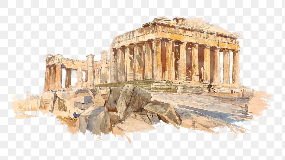 The Parthenon png architecture watercolor art, transparent background. Remixed by rawpixel.