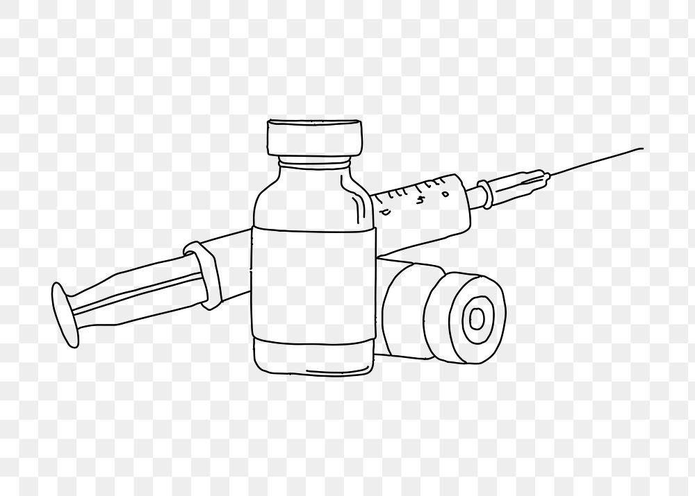 Vaccine bottle png needle line art illustration, transparent background