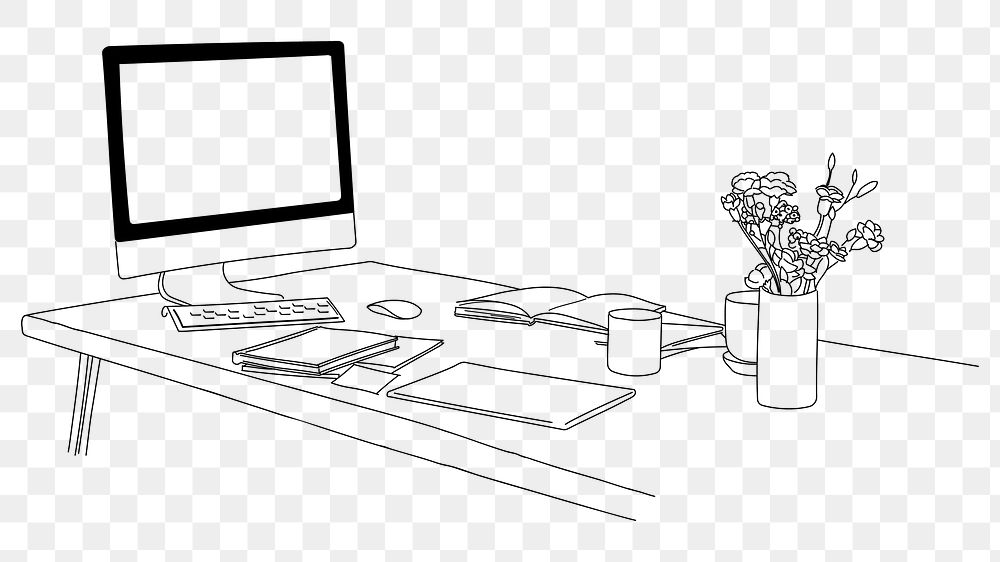 Computer png table, workspace line art illustration, transparent background