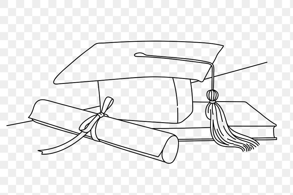 Graduation cap png scroll line art illustration, transparent background