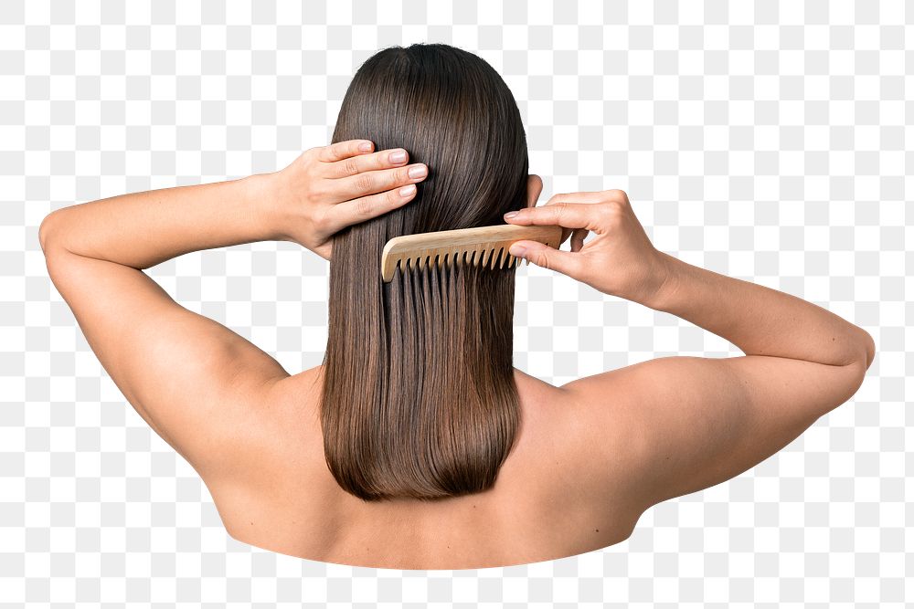 PNG Woman combing her sleek hair collage element, transparent background