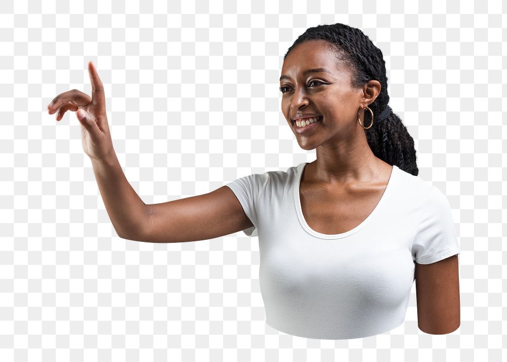 Png happy woman pointing image on transparent background