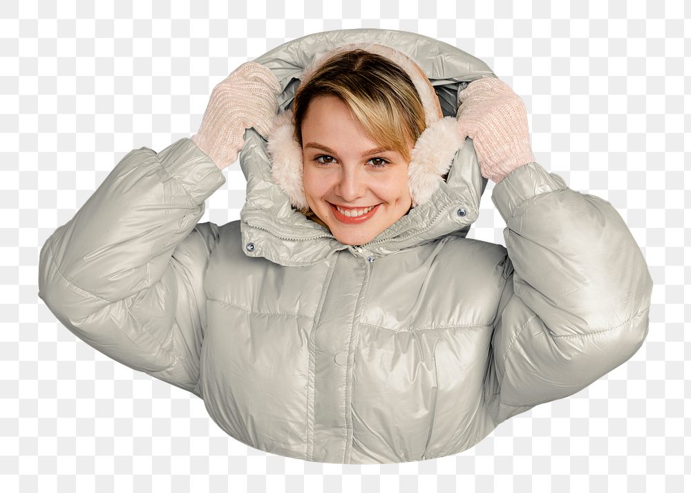 PNG woman in puffer jacket, collage element, transparent background