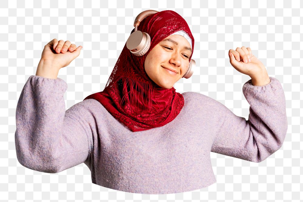 PNG Muslim woman listening to music, collage element, transparent background