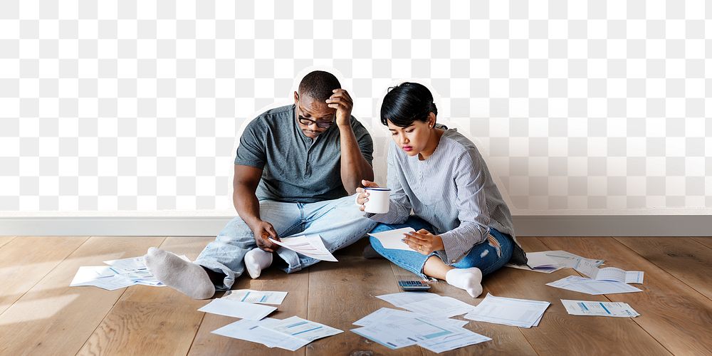 PNG Couple managing the debt psd with design space, collage element, transparent background