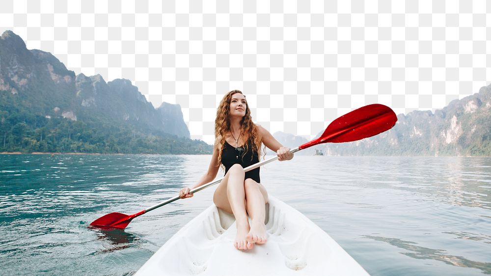PNG Woman paddling a canoe through a national park collage element, transparent background