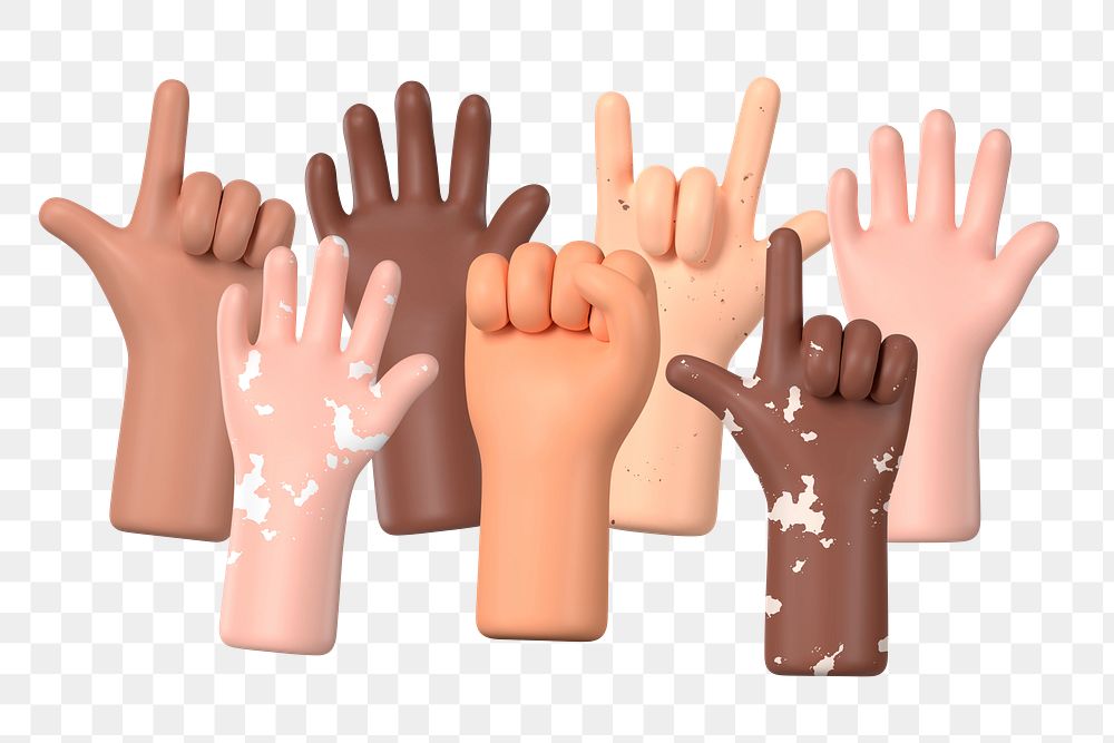 3D raised hands png human rights collage element, transparent background