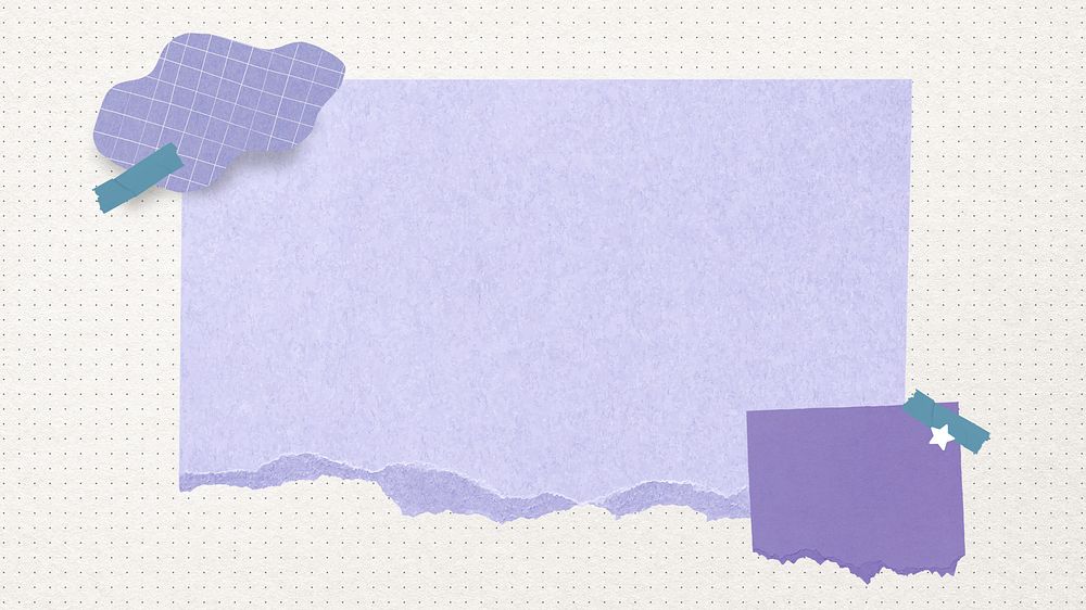 Torn rectangular purple paper element, tape, grid notepaper collage art