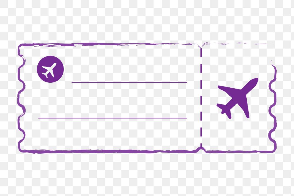 PNG purple doodle flight ticket, transparent background