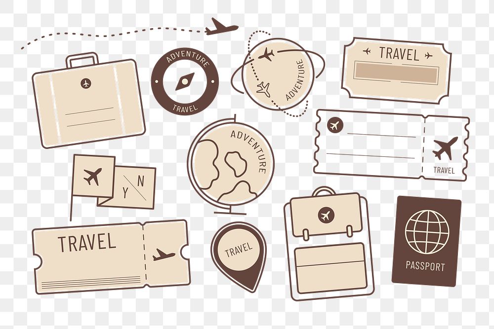 PNG brown travel illustration set, transparent background