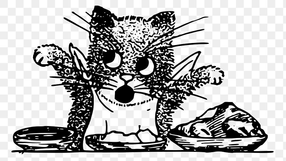 PNG Cat feeding cartoon vintage  illustration, transparent background. Free public domain CC0 image.