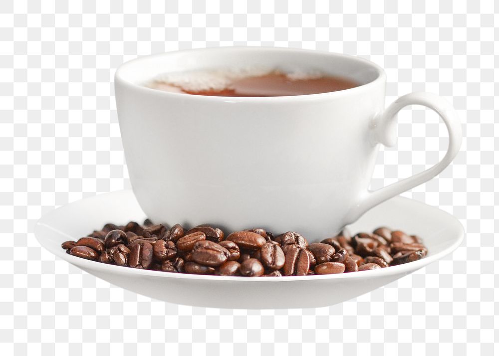 Png coffee cup with bean pile, transparent background