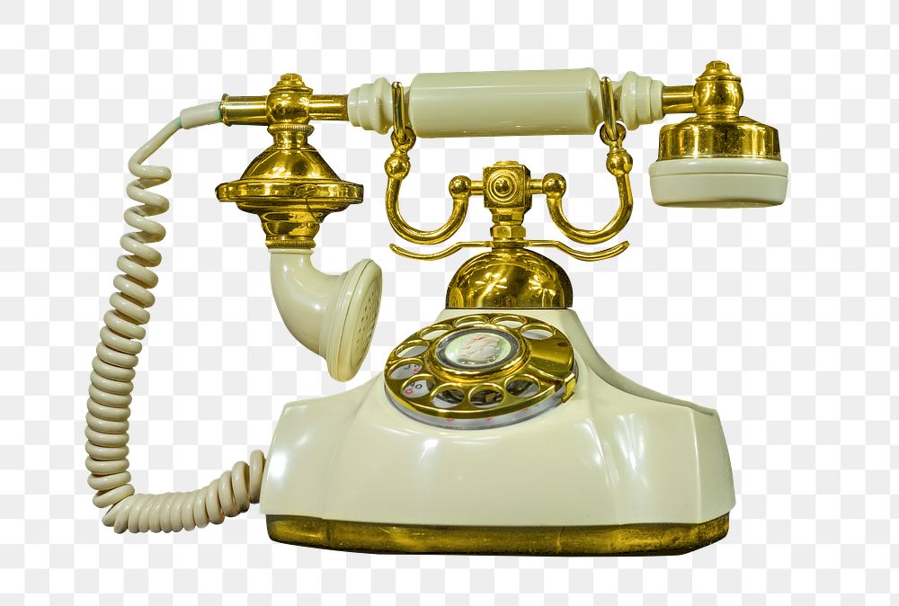 Png white and gold vintage phone, transparent background