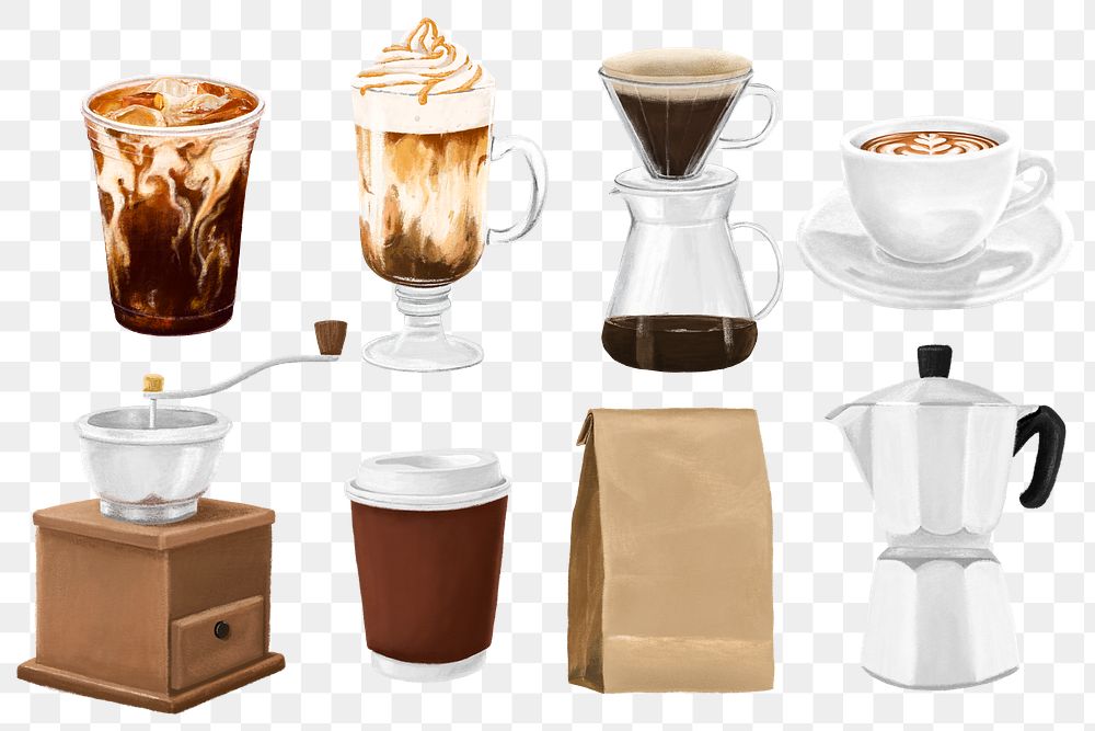 Cafe coffee png drink set, transparent background