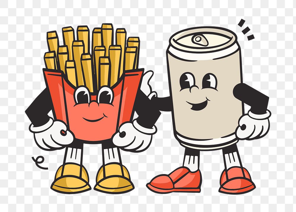 Png drink and fries, retro illustration, transparent background