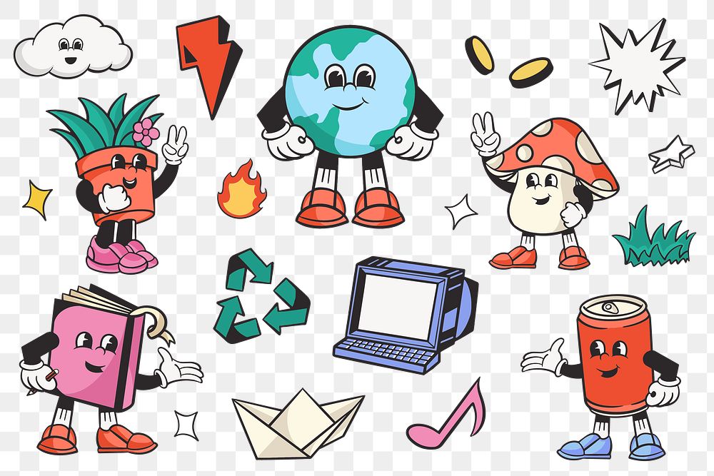 Retro characters png set illustration, transparent background