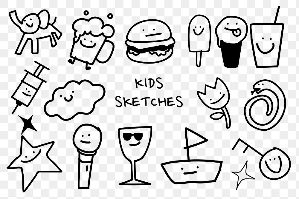 PNG kids sketches collage element set, transparent background