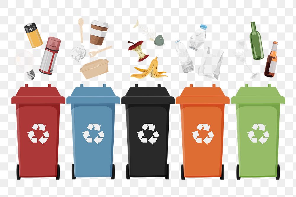 Sorted garbage png recycling bins illustration, transparent background