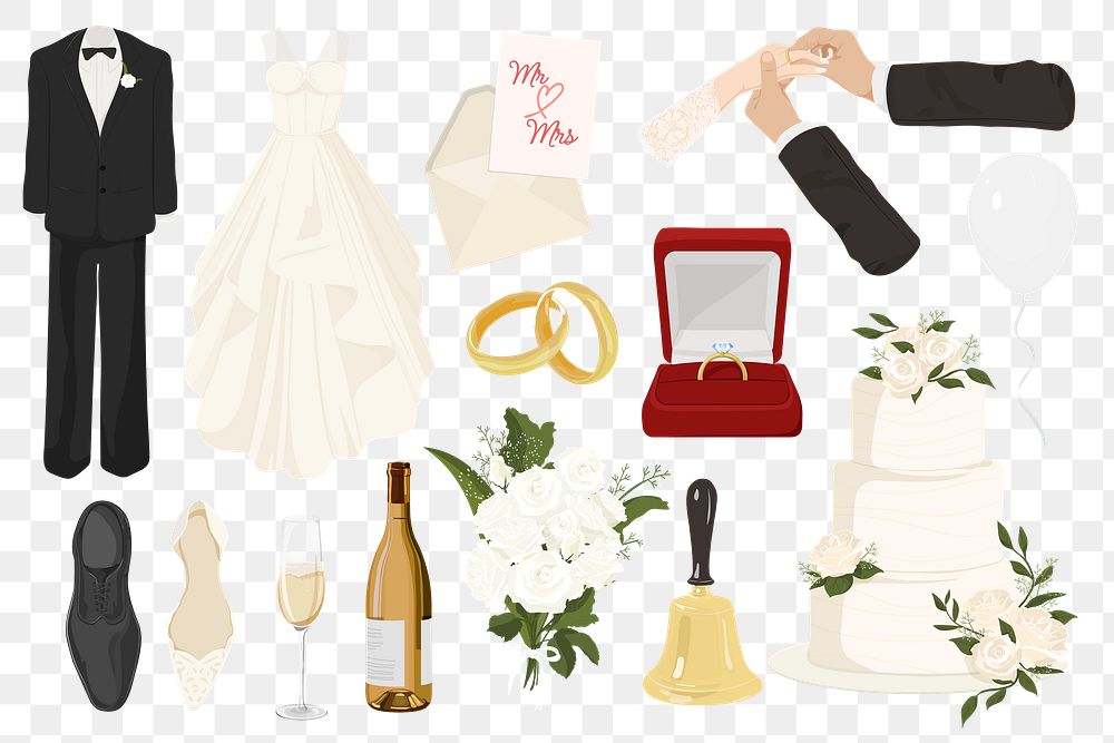 Aesthetic wedding png illustration set, transparent background