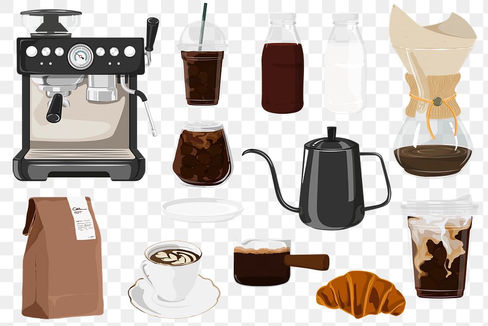 Aesthetic cafe png coffee & bakery set, transparent background