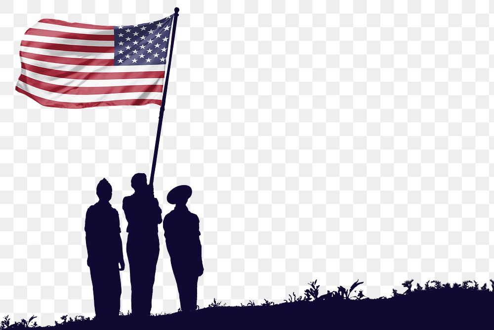 Soldiers png holding American flag border, silhouette image, transparent background