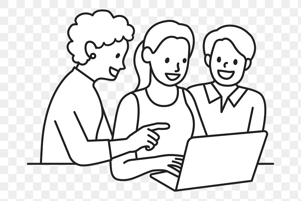 PNG Diverse colleagues work on computer notebook brainstorming line art sticker, transparent background