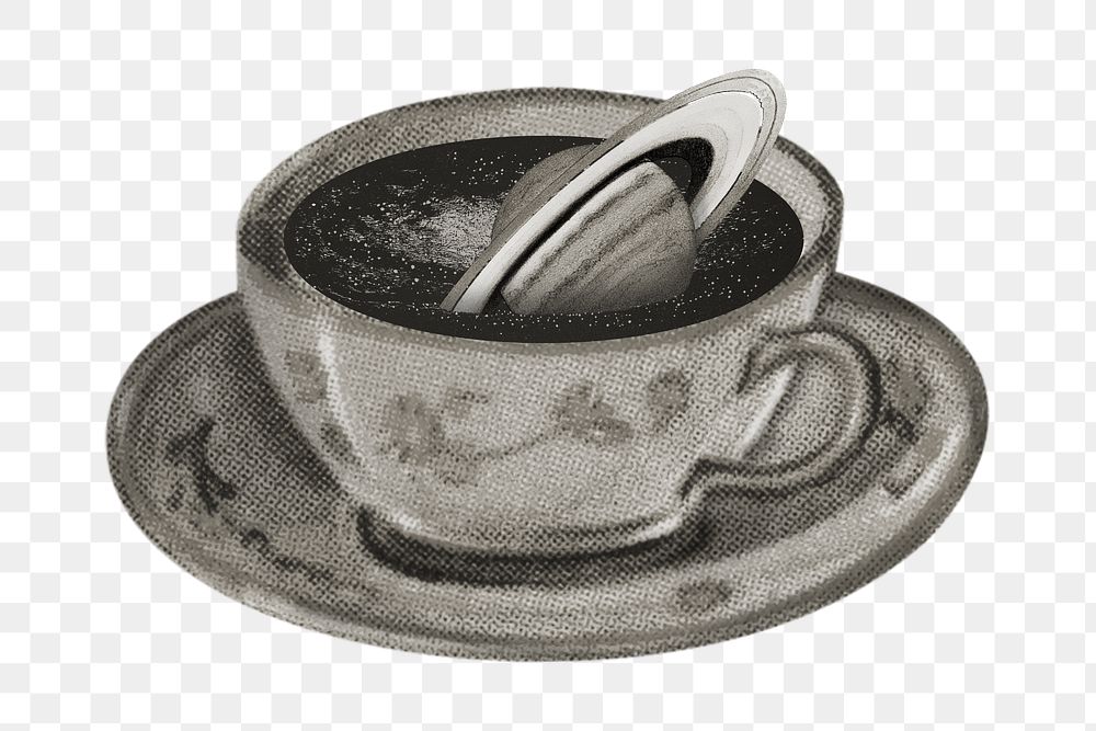 PNG Saturn in coffee cup, surreal escapism remix, transparent background
