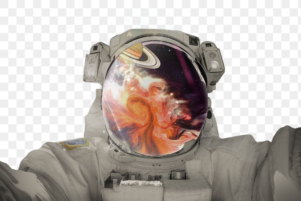 PNG Astronaut selfie, nebula reflection on helmet, transparent background