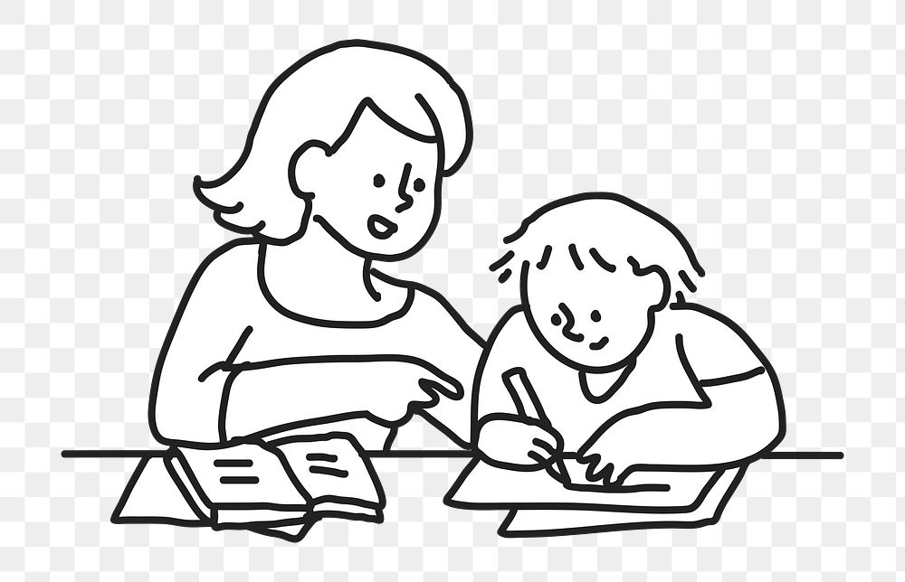 PNG Mom helping kid homework line drawing, collage element, transparent background