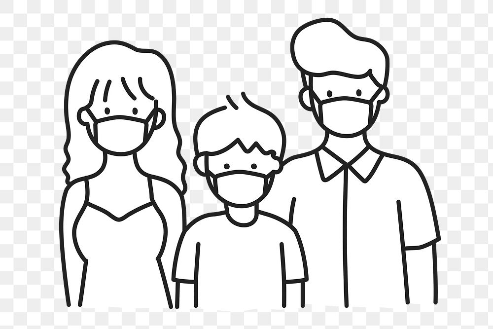PNG Family wearing face mask line art, collage element, transparent background