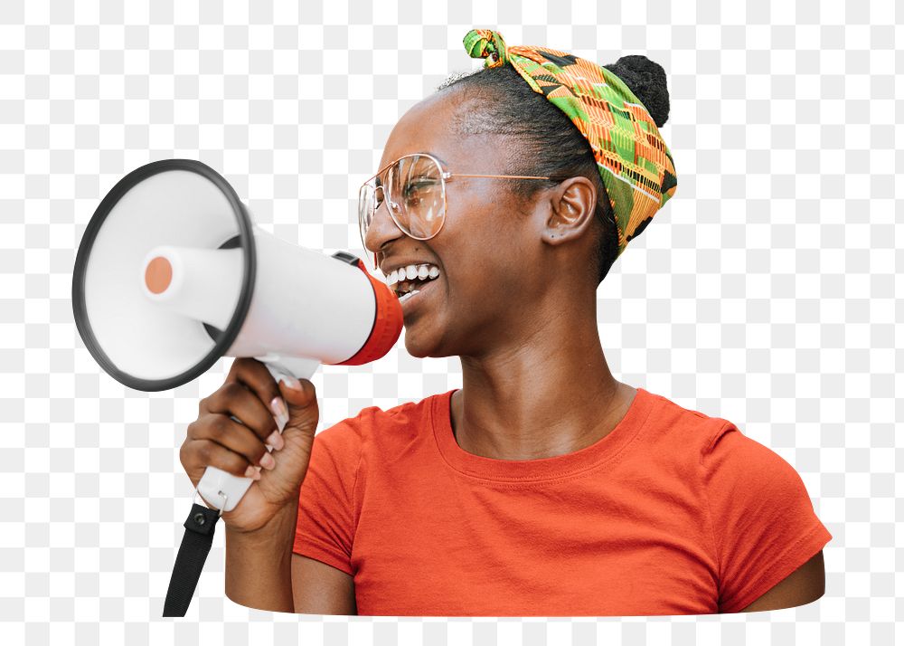 Woman holding megaphone png, transparent background