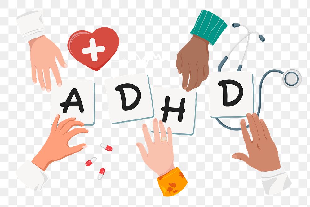 ADHD png diverse hands, health & wellness remix, transparent background