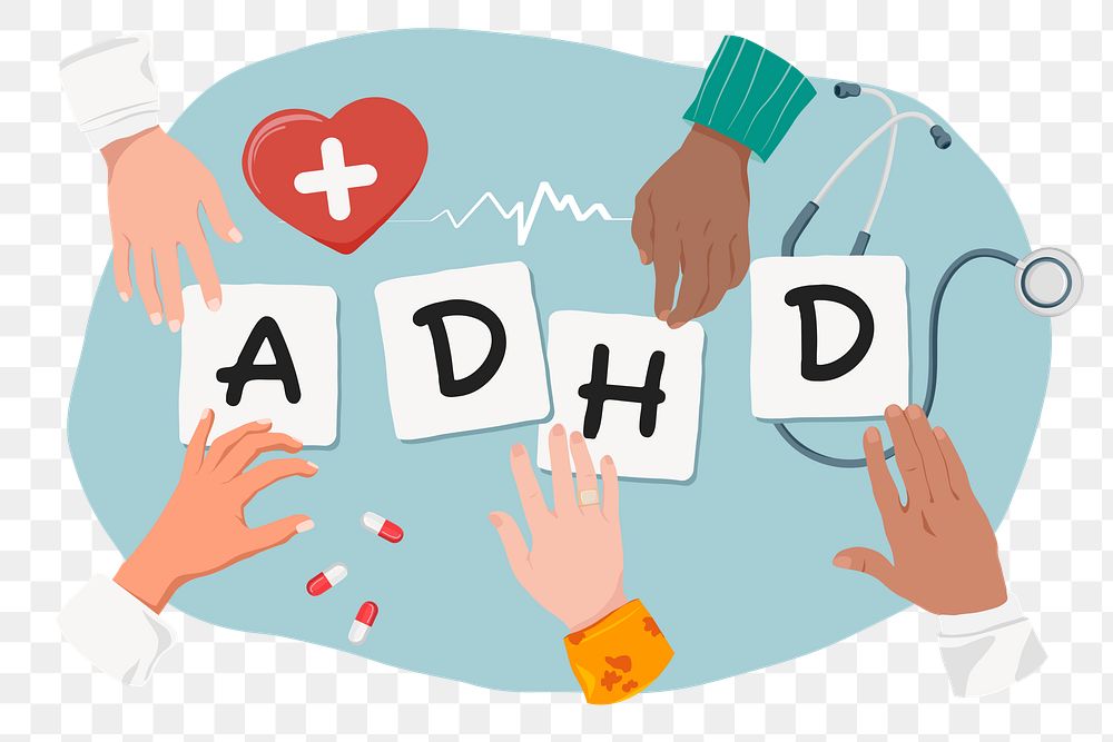 ADHD png diverse hands, health & wellness remix, transparent background