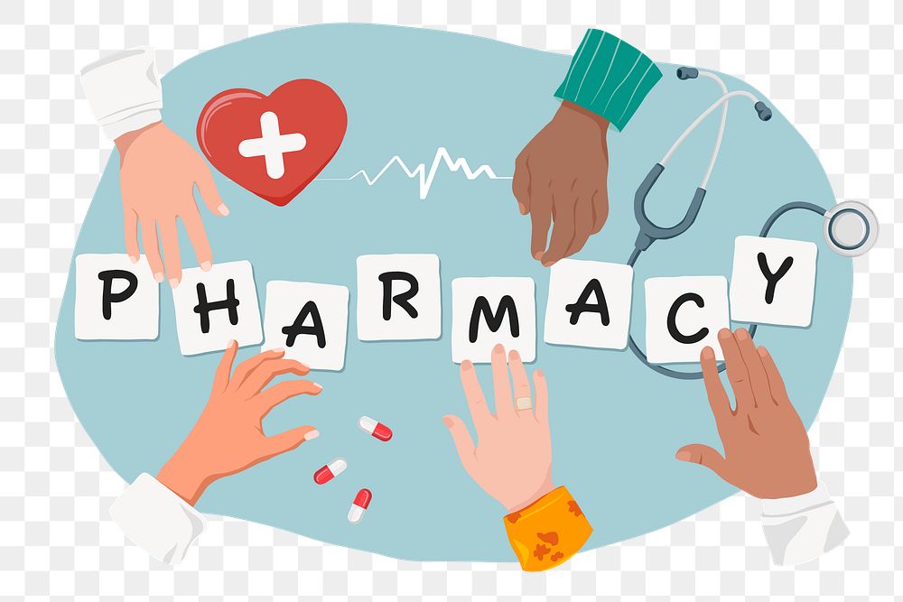 Pharmacy png diverse hands, health & wellness remix, transparent background