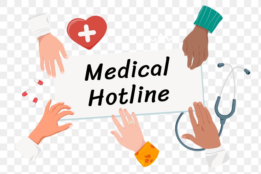 Medical hotline png diverse hands, health & wellness remix, transparent background