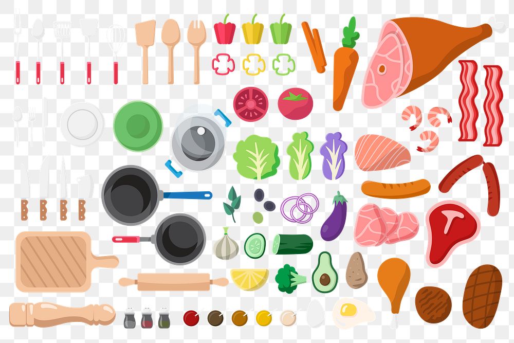 Kitchenware png, vegetables & ingredients illustration set, transparent background