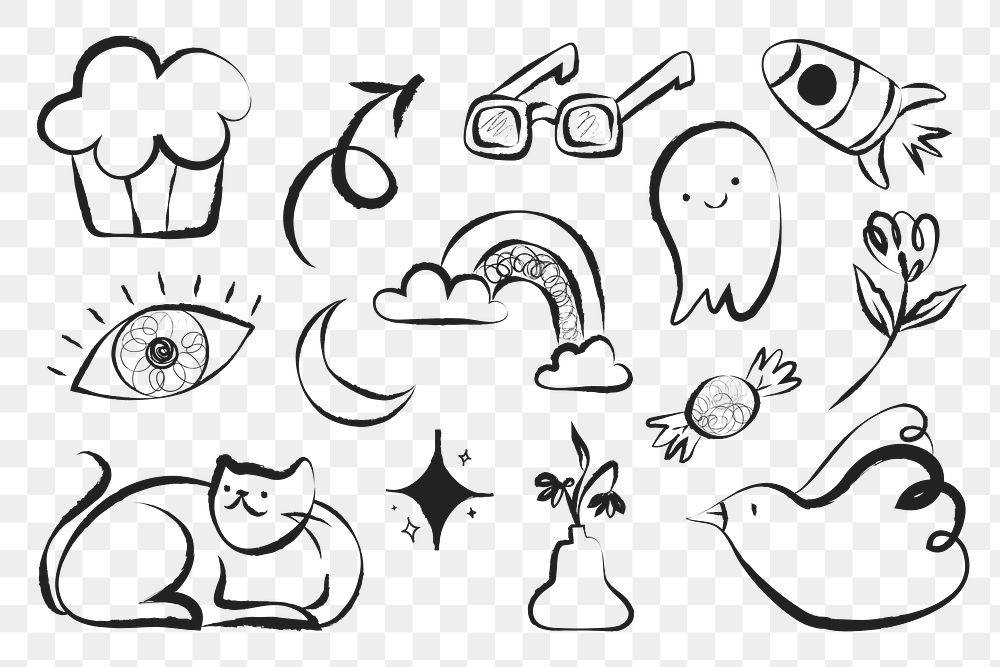 Png cute line art doodle illustration set, transparent background