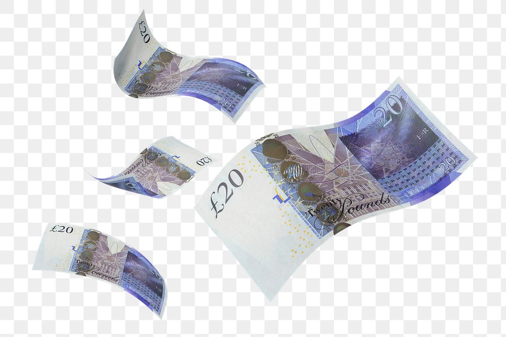 Png 20 British pounds bank notes, transparent background