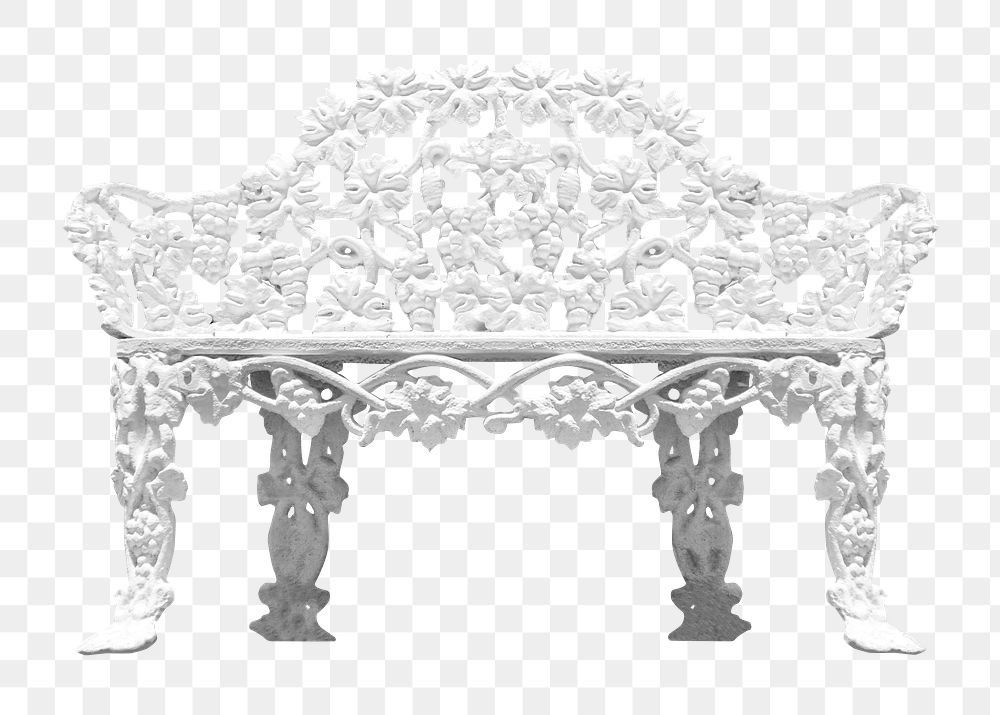 Png white hand carved bench, transparent background