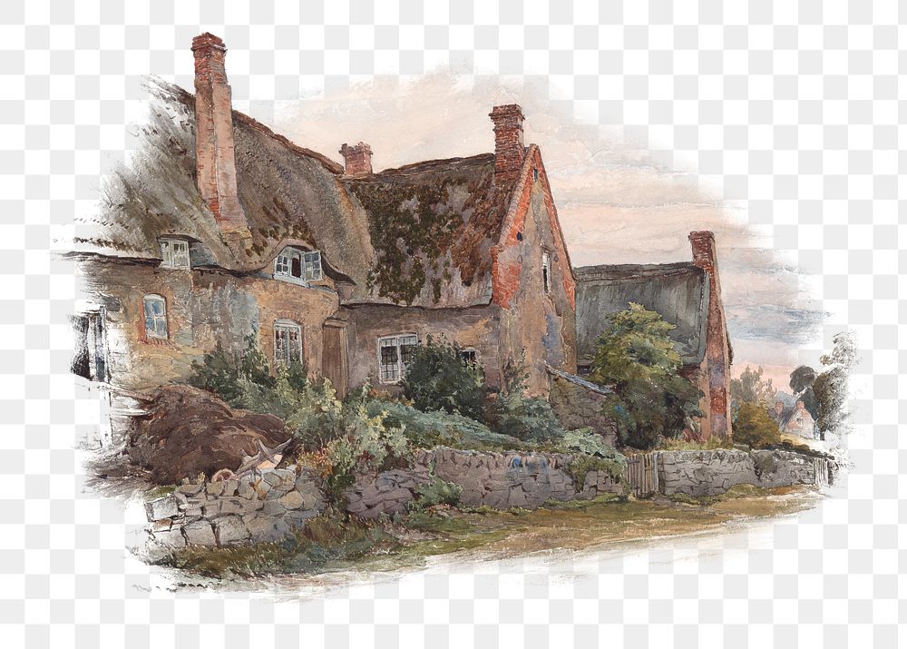 Thatched cottage png watercolor art, transparent background. Remixed by rawpixel.