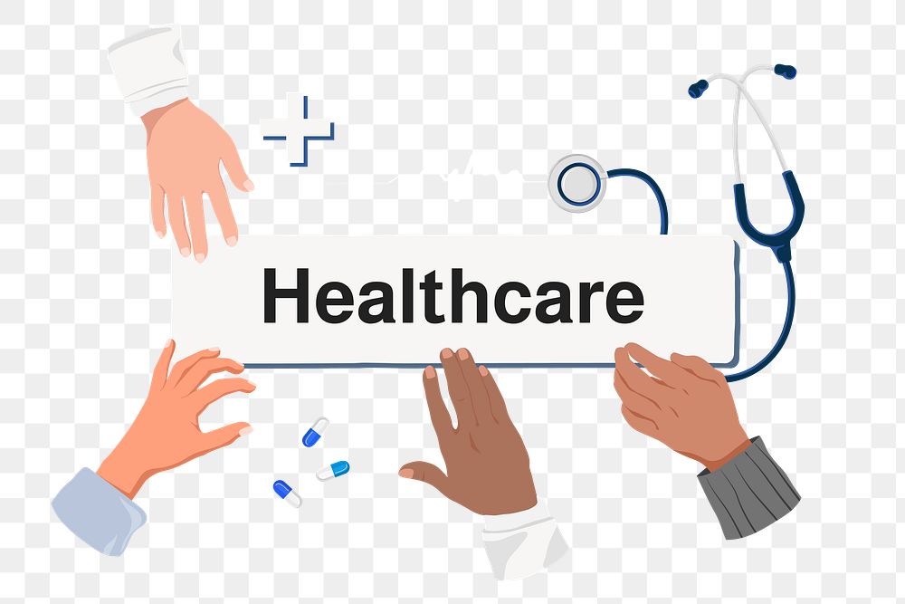 Healthcare png diverse hands, health & wellness remix, transparent background