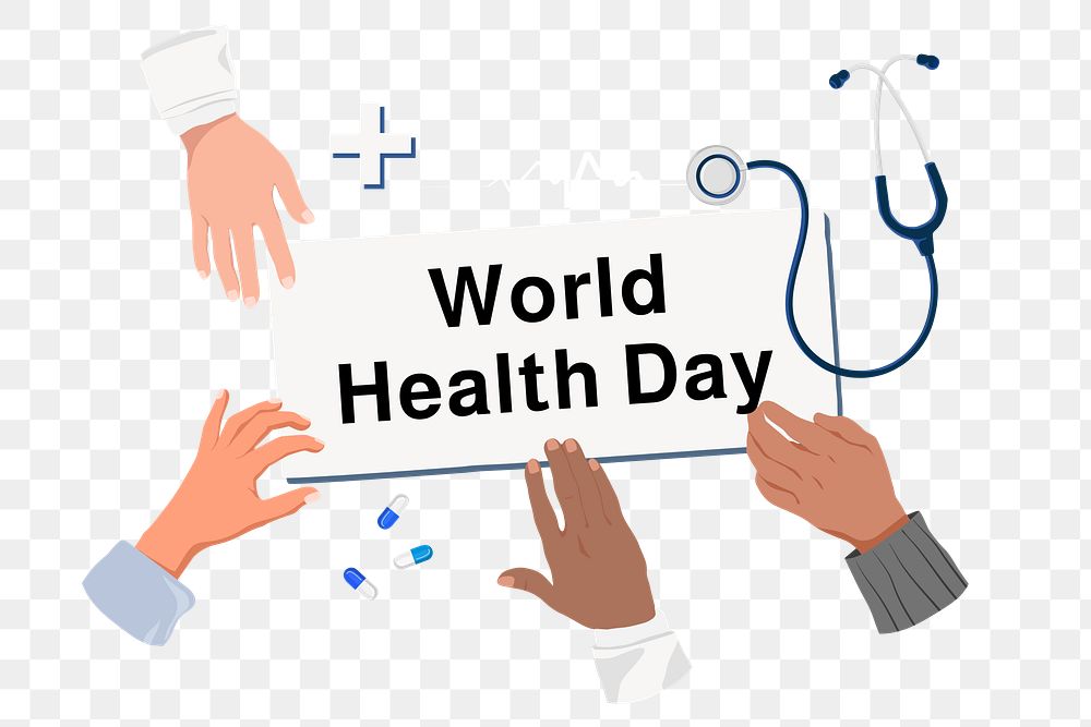 World Health Day png diverse hands, health & wellness remix, transparent background