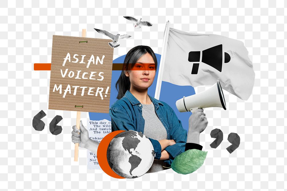 Asian voices matter png, woman protesting remix, transparent background