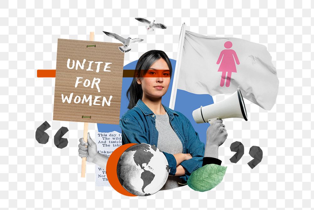 Unite for women png, equal rights protest remix, transparent background