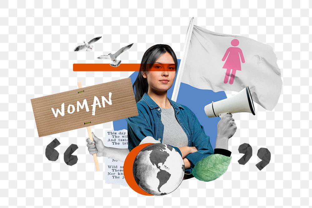 Woman word png, equal rights protest remix, transparent background