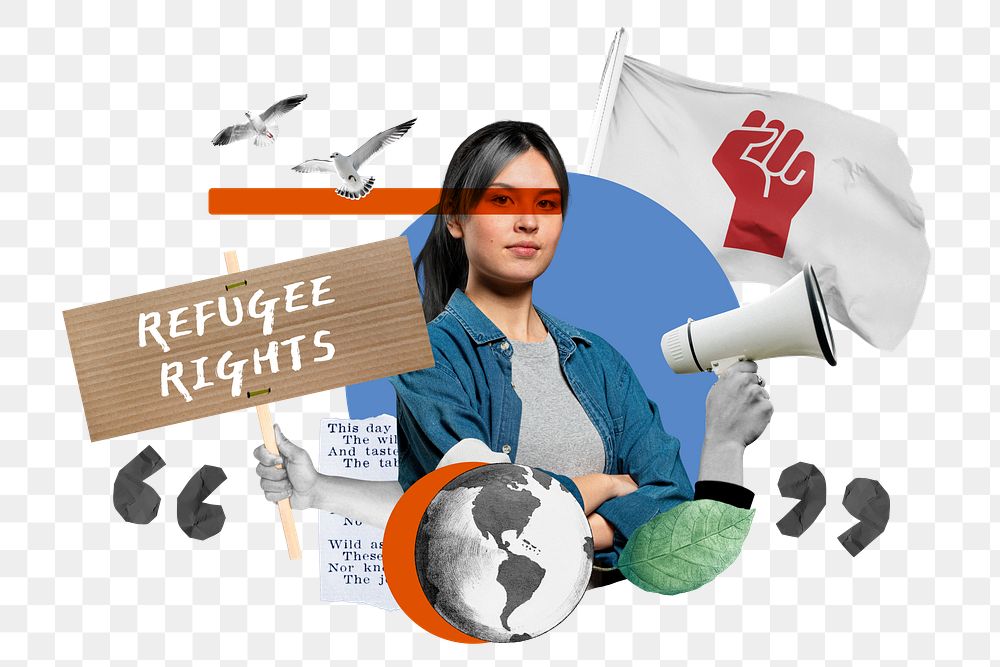 Refugee rights png, woman protesting remix, transparent background