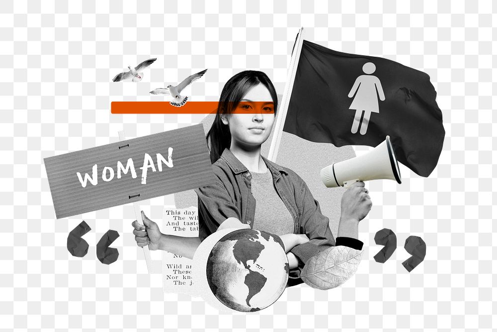 Woman word png, equal rights protest remix, transparent background