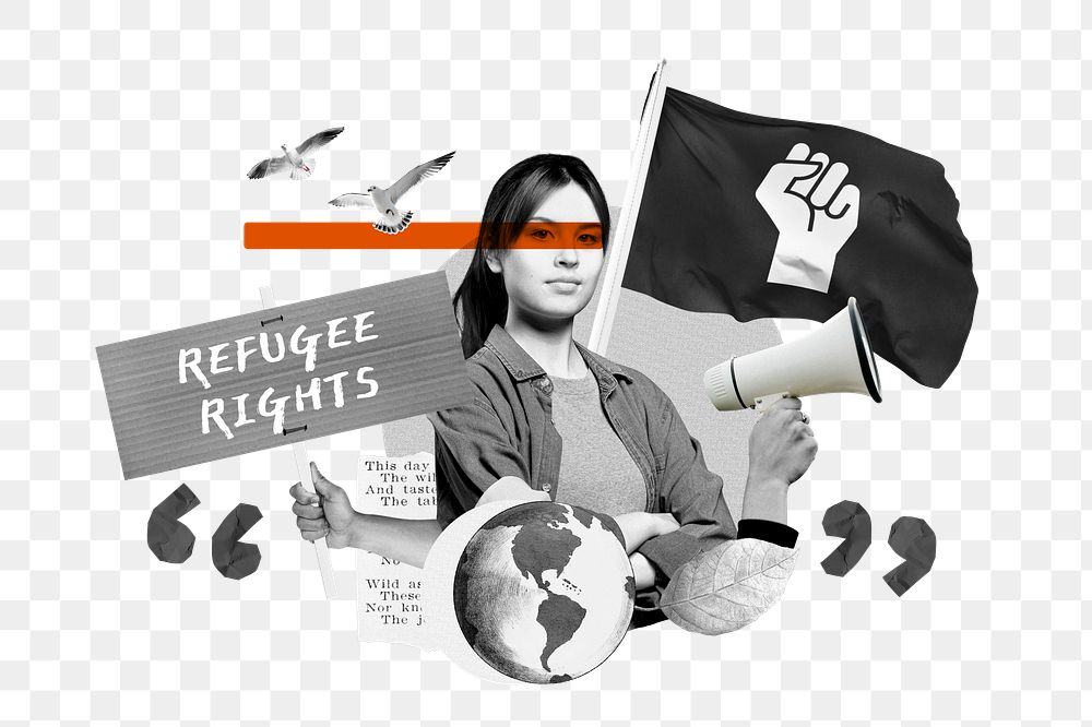 Refugee rights png, woman protesting remix, transparent background