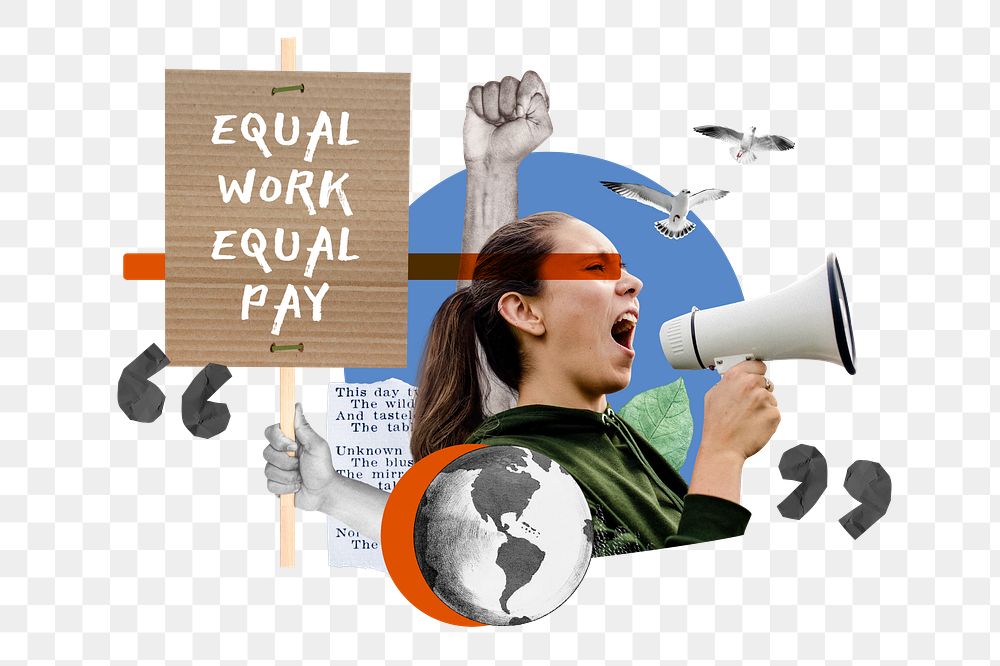 Equal pay png, protest activism photo collage, transparent background