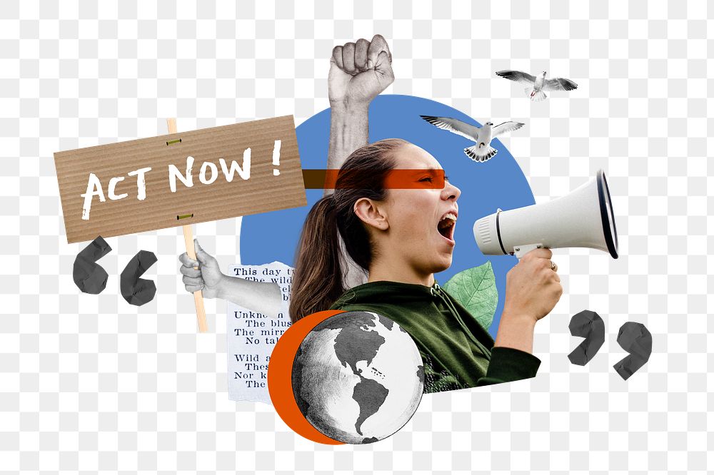 Act now png, environment activism photo collage, transparent background